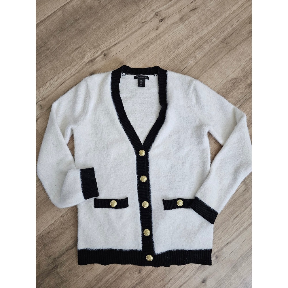 Tahari Eyelash Knit Cardigan White Black Gold Crest Button Sweater XS